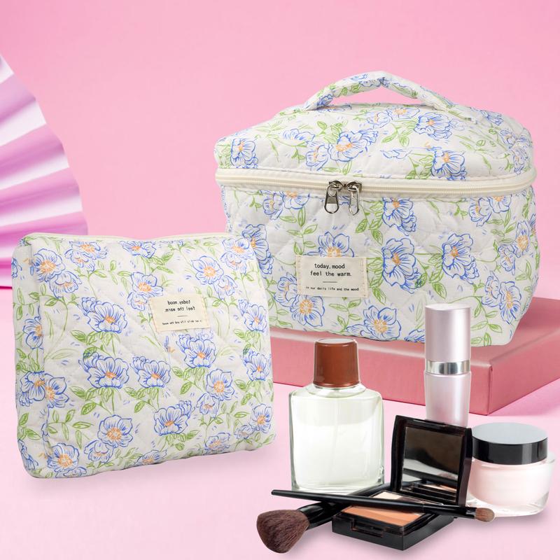 Cute Makeup Bag for Women(2 Pcs), Travel Cosmetic Bags, Quilted Coquette Aesthetic Floral Toiletry Organizer Bag