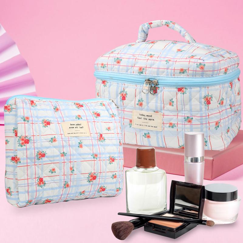 Cute Makeup Bag for Women(2 Pcs), Travel Cosmetic Bags, Quilted Coquette Aesthetic Floral Toiletry Organizer Bag