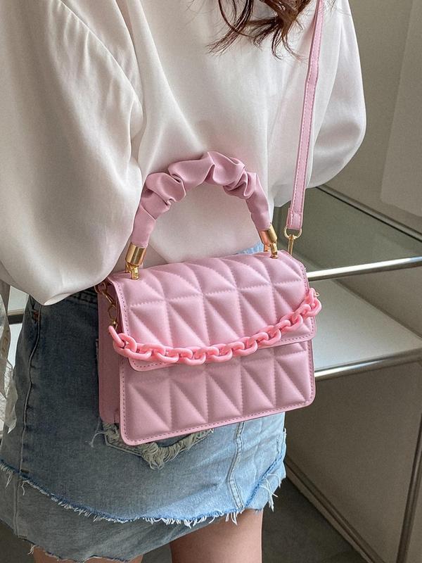 Women's Quilted Chain Decor Frill Strap Square Satchel Bag, Casual Elegant Handbag for Party, Club, Female Basic Classic Flap Shoulder Bag