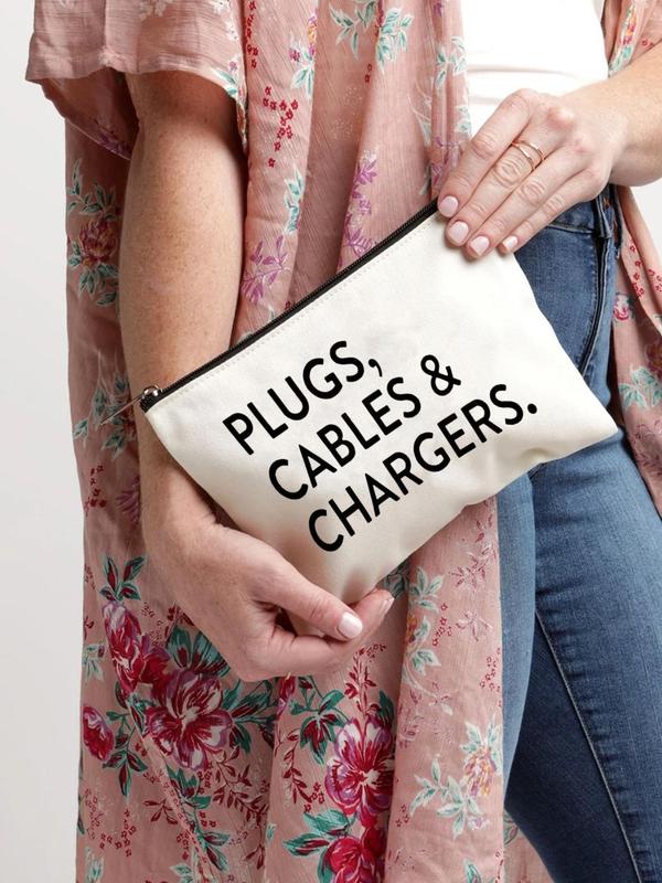 Letter Print Large Capacity Makeup Bag, Multifunctional Makeup Bag, Travel Charger & Cable Organizer Pouch, Storage Bag for Cosmetics Accessories