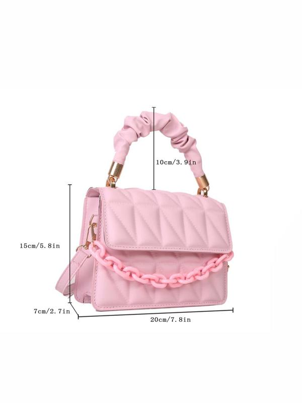 Women's Quilted Chain Decor Frill Strap Square Satchel Bag, Casual Elegant Handbag for Party, Club, Female Basic Classic Flap Shoulder Bag