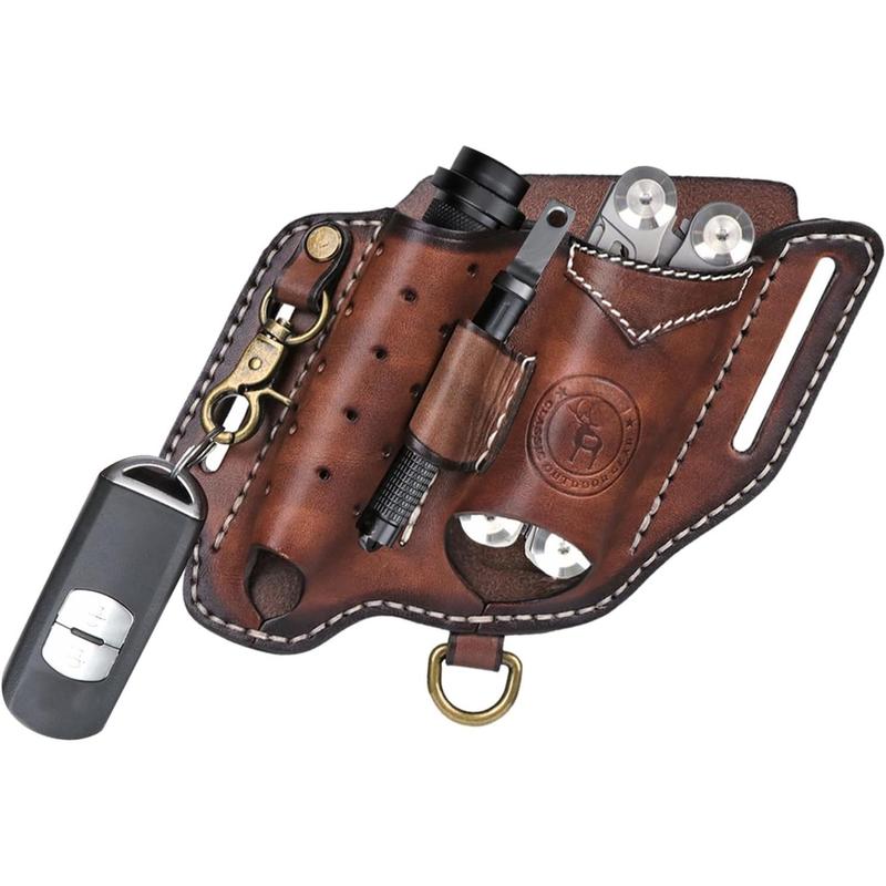 Leather Multitool Sheath for Belt Compact EDC Pouch Pocket Organizer for Men with Flashlight Holster Pen Holder &  Clip