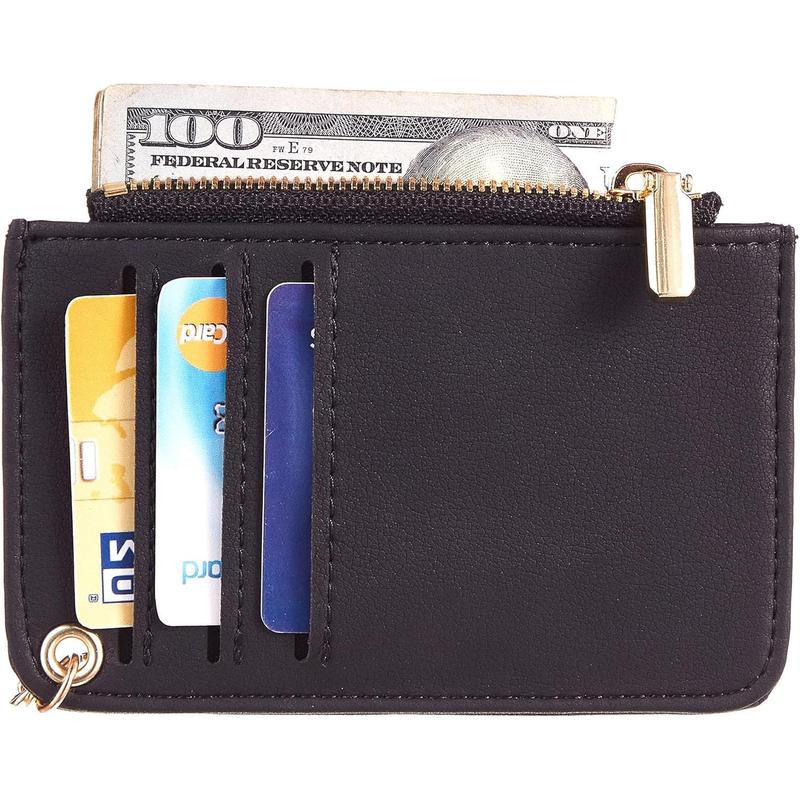 Womens Keychain Wallet Slim Front Pocket Minimalist RFID Blocking Credit Card Coin Change Holder Purse Wallet (Black Smooth)