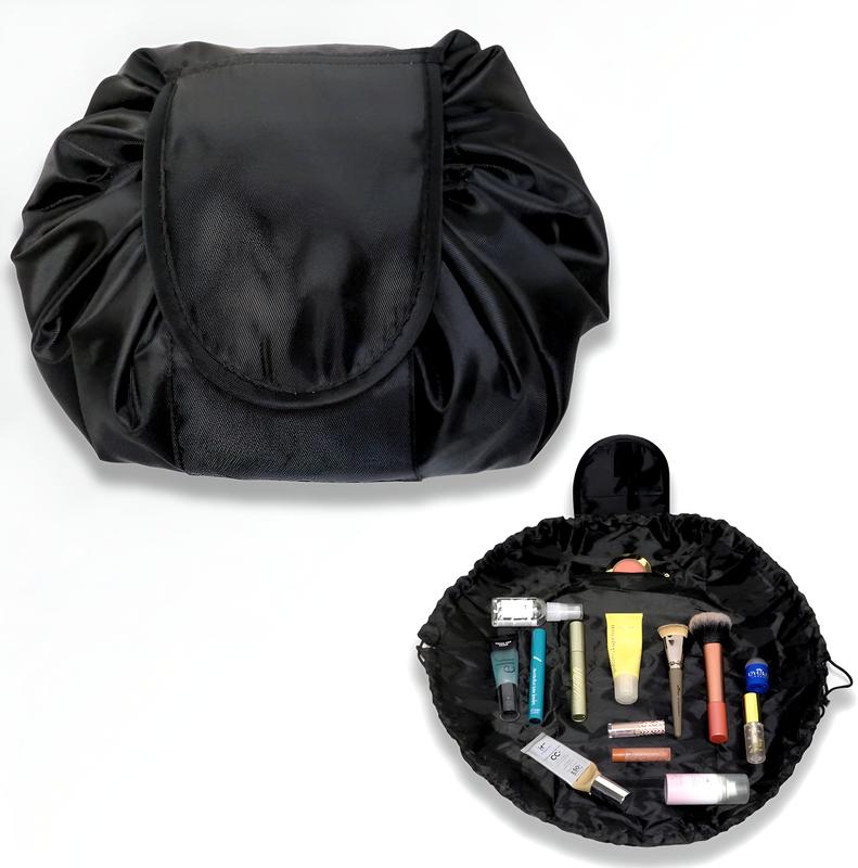 Drawstring Cosmetic Travel Makeup Bag Set | Makeup Organizer | Great For Travel & Everyday Use | Polyester Bag & Silicone Makeup Holders (Black)