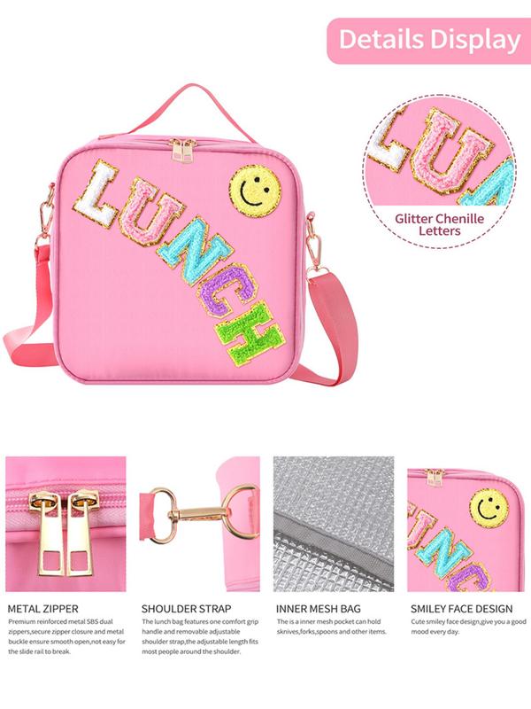 Cute Letter Pattern Lunch Bag with Adjustable Strap, Casual Insulated Lunch Bag for School & Travel, Lunch Box for Kids & Adults