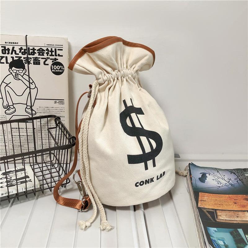 Canvas Backpack with Dollar Sign Pouch and Drawstring Closure Canvas Money Bag， Backpack bag，Multifunctional Casual Money Bucket Purse for Men and Women, Lightweight Sport Bags- Off White