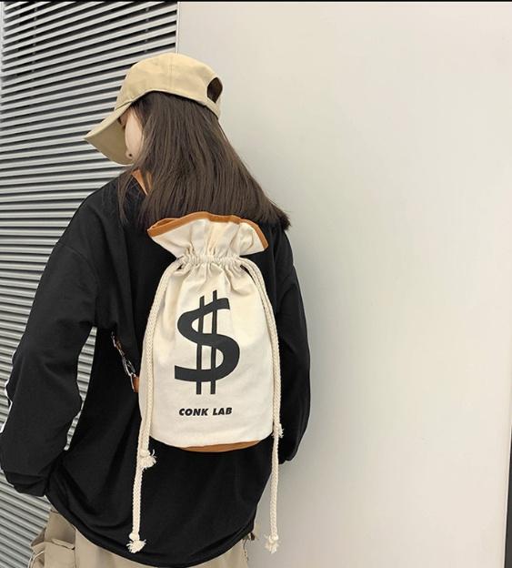 Canvas Backpack with Dollar Sign Pouch and Drawstring Closure Canvas Money Bag， Backpack bag，Multifunctional Casual Money Bucket Purse for Men and Women, Lightweight Sport Bags- Off White