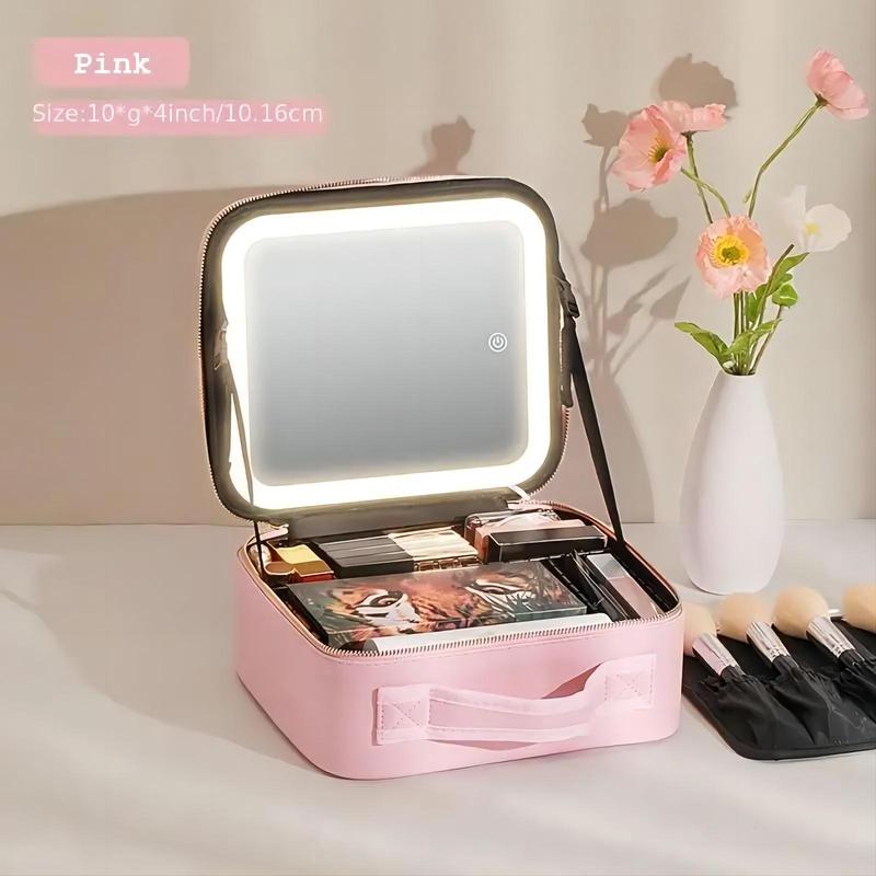 Summer Portable Makeup Bag with Full Screen Mirror, Large Capacity Cosmetic Storage Bag with Light, Professional Travel Makeup Organizer, Stocking Fillers Gift, Christmas Gift, Christmas