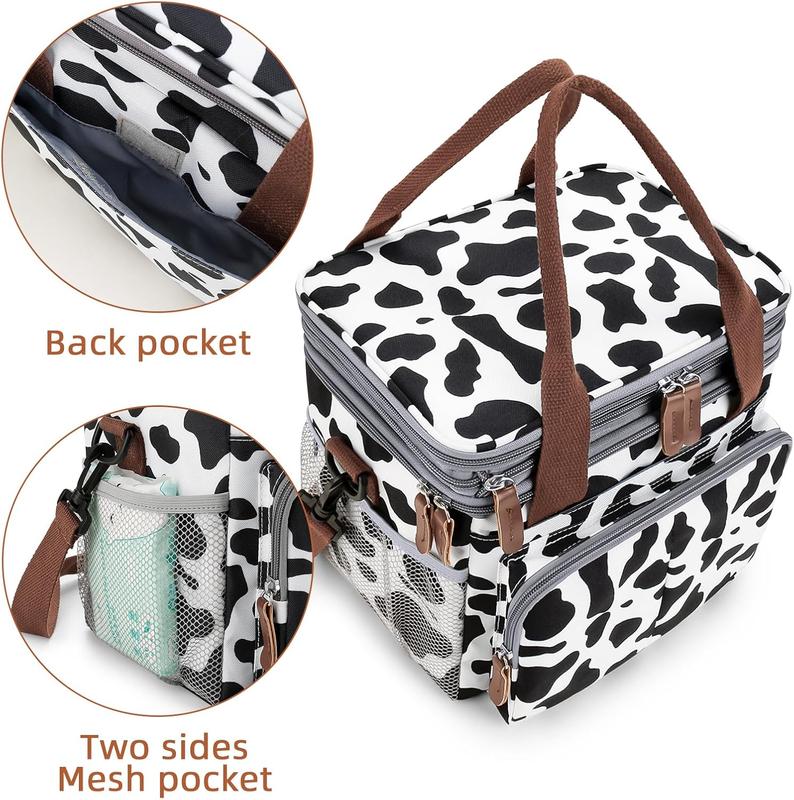 Lunch Bag for Women Men Double Deck Expandable Lunch Box,Large Lunch Bags,Leakproof Lunch Box Cooler BagCow Print