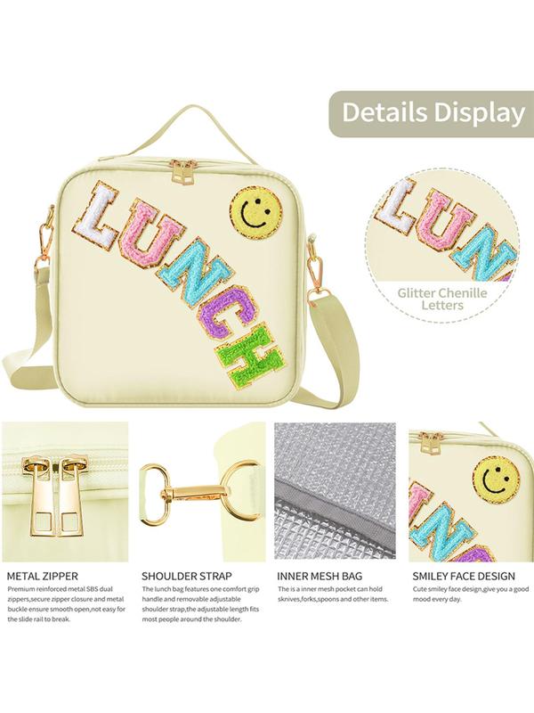Cute Letter Pattern Lunch Bag with Adjustable Strap, Casual Insulated Lunch Bag for School & Travel, Lunch Box for Kids & Adults