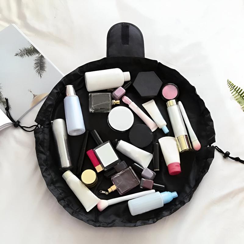 Drawstring Cosmetic Travel Makeup Bag Set | Makeup Organizer | Great For Travel & Everyday Use | Polyester Bag & Silicone Makeup Holders (Black)