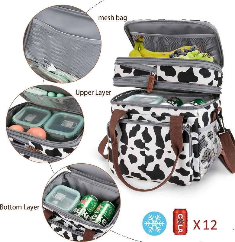 Lunch Bag for Women Men Double Deck Expandable Lunch Box,Large Lunch Bags,Leakproof Lunch Box Cooler BagCow Print