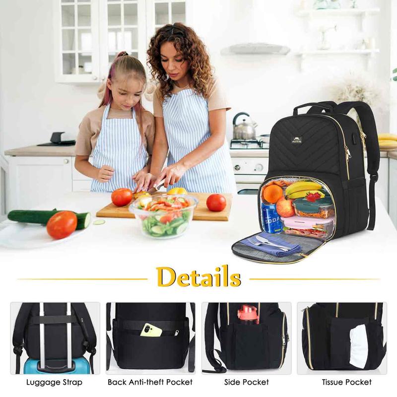 15.6'' Prep-Meal Lunch Bags for Pinic Camping Hiking, Woman Work USB Laptop Backpack with Reusable Lunch Box, Mums Nursing Bag with Insulated Cooler