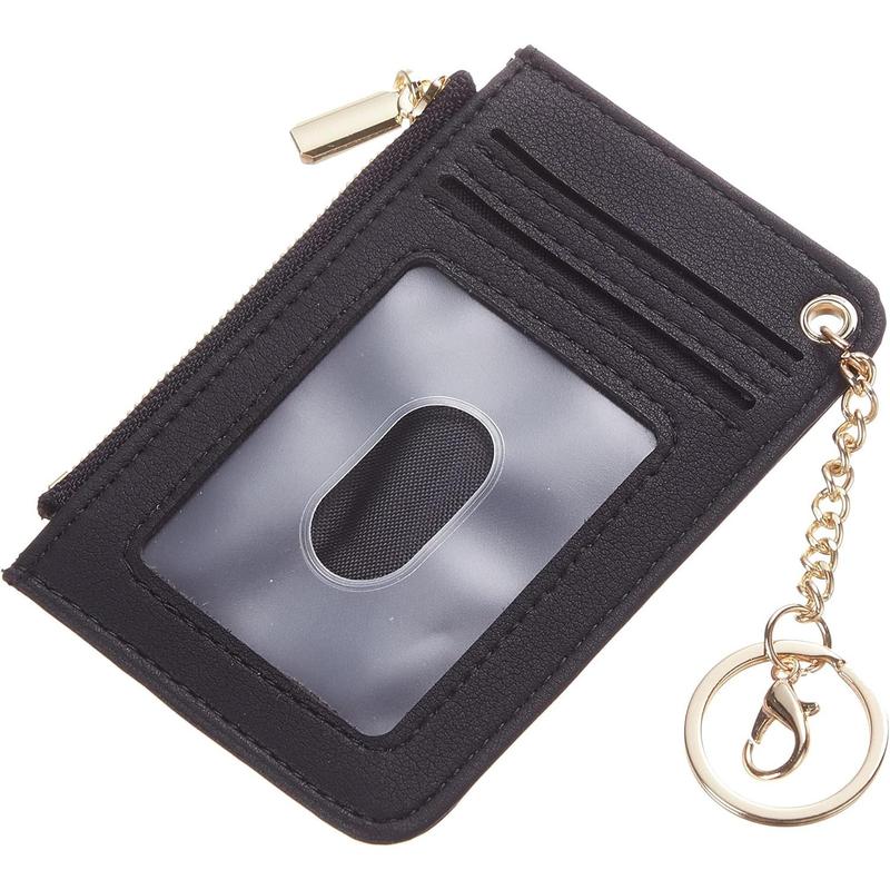 Womens Keychain Wallet Slim Front Pocket Minimalist RFID Blocking Credit Card Coin Change Holder Purse Wallet (Black Smooth)