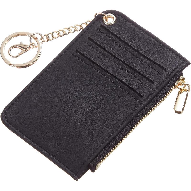 Womens Keychain Wallet Slim Front Pocket Minimalist RFID Blocking Credit Card Coin Change Holder Purse Wallet (Black Smooth)