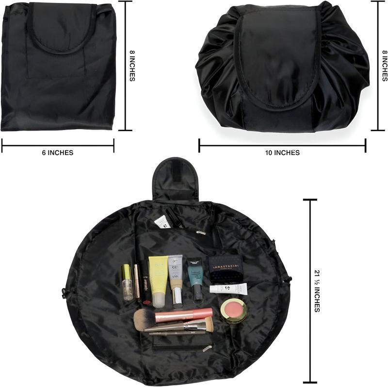 Drawstring Cosmetic Travel Makeup Bag Set | Makeup Organizer | Great For Travel & Everyday Use | Polyester Bag & Silicone Makeup Holders (Black)