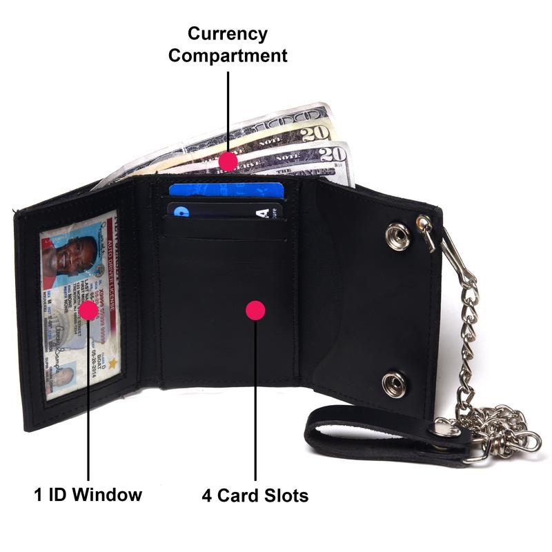 Leatherboss Genuine Leather Men Dollar Print Trifold Wallet Chain Biker