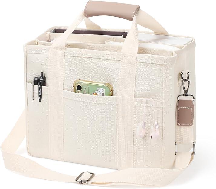 Canvas Tote Bag with Multi Pockets Crossbody Tote Bag for Women Trendy Shoulder Handbag Everything Tote Bag-Beige