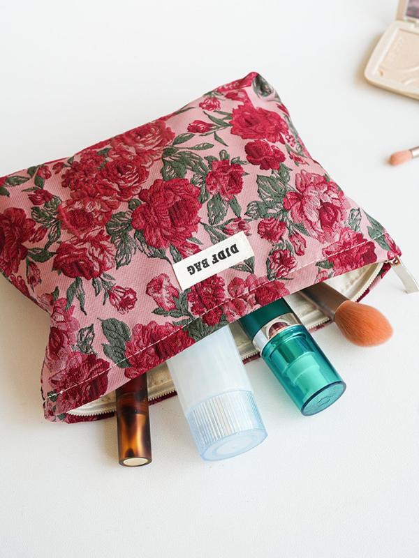 Floral Pattern Makeup Bag, Large Capacity Cosmetic Storage Bag, Zipper Makeup Organizer Pouch, Versatile Storage Bag for Travel, Gym, Office, Home