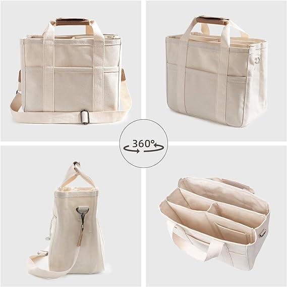 Canvas Tote Bag with Multi Pockets Crossbody Tote Bag for Women Trendy Shoulder Handbag Everything Tote Bag-Beige