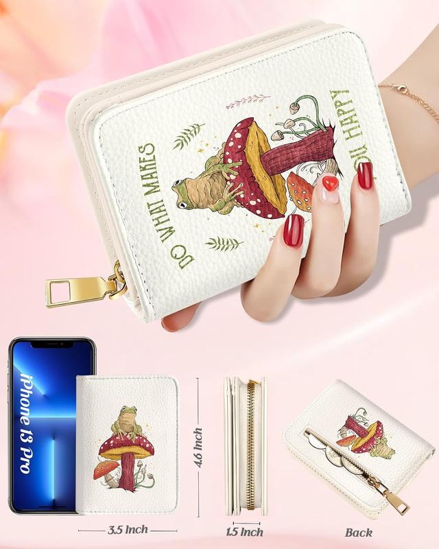 Credit Card Holder Wallet for Women - Cute Leather Ladies Teen Girls Female Cardholder Wallets Accordion Purse Small Medium Aesthetic Print Frog Mushroom  Modern Rfid Zipper Around 5-Frog Mushroom