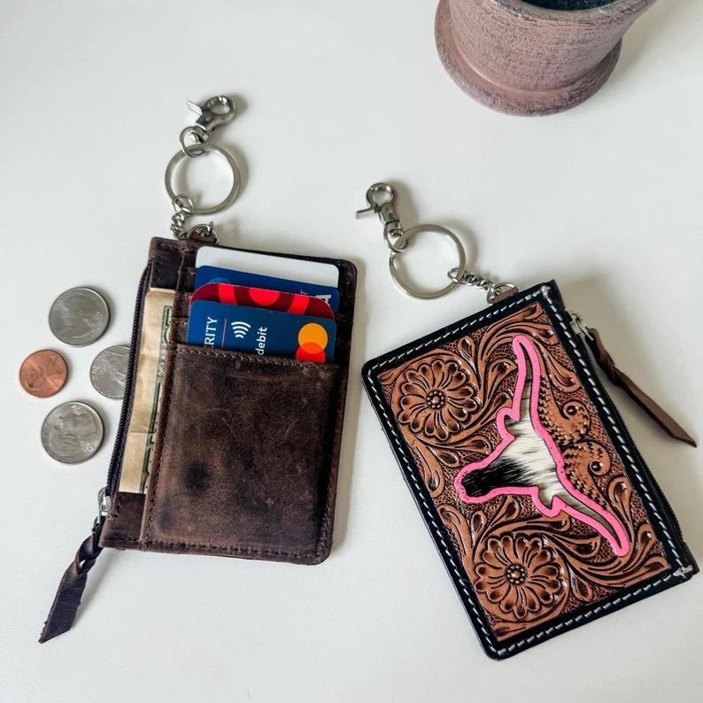 Longhorn Thunderbird Leather Cowhide keychain Wallet - credit cards money cash