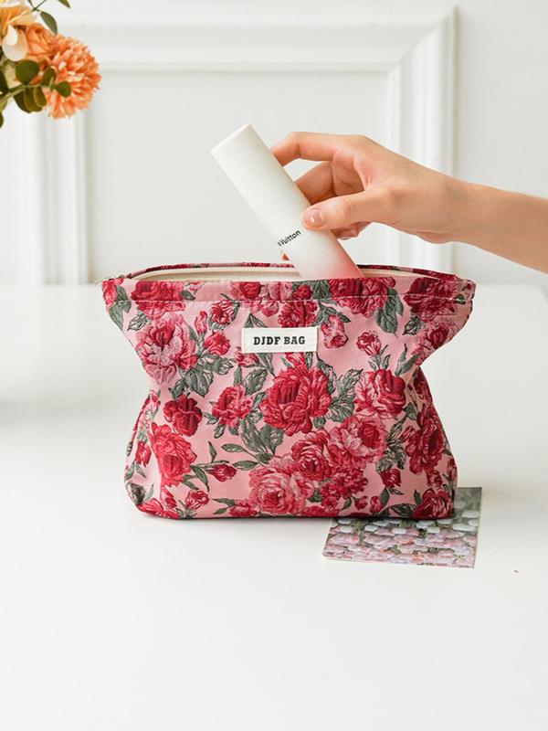 Floral Pattern Makeup Bag, Large Capacity Cosmetic Storage Bag, Zipper Makeup Organizer Pouch, Versatile Storage Bag for Travel, Gym, Office, Home