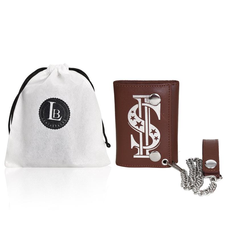 Leatherboss Genuine Leather Men Dollar Print Trifold Wallet Chain Biker