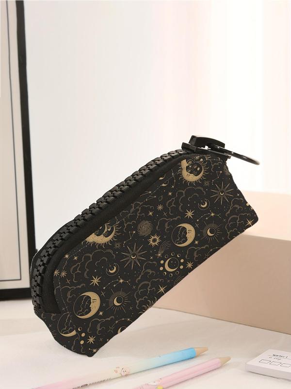 Star & Moon Pattern Makeup Bag, Large Zipper Pencil Bag, Durable Polyester Storage Bag, School Supplies and Stationery