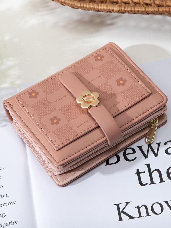 Women's Floral Pattern Zipper Short Wallet, 2024 New Style Fashionable Pu Leather Card Holder, Multi-functional Precision Women's Wallet