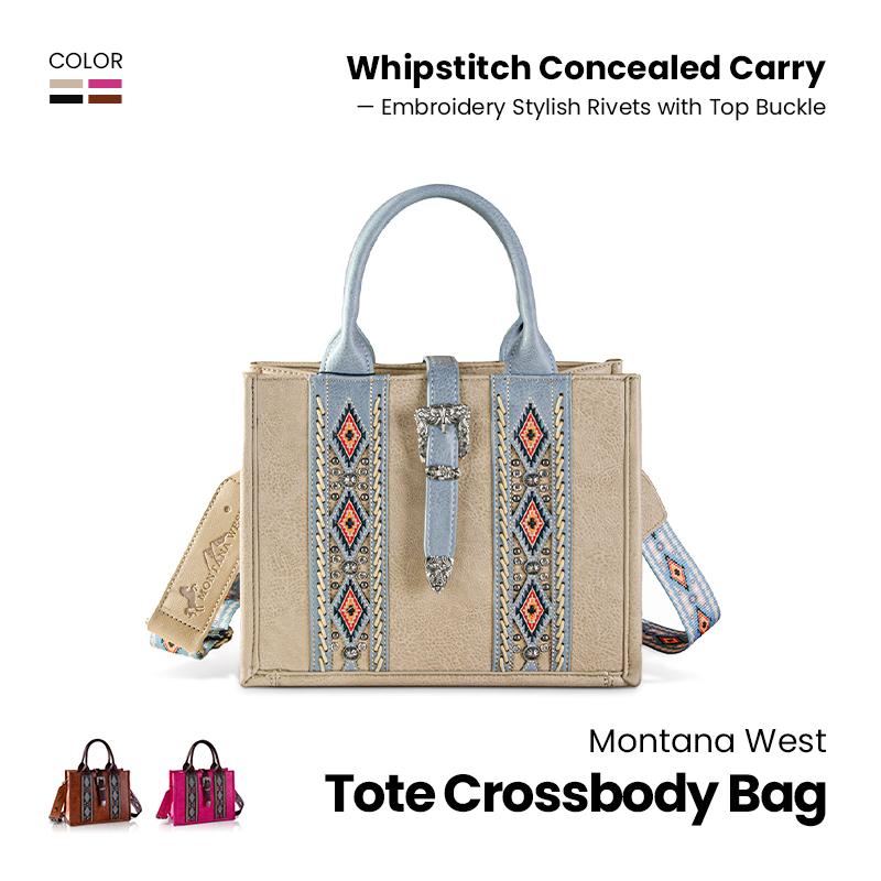 Montana West Fashion Whipstitch Concealed Carry Tote Embroidery Stylish Rivets Crossbody Bag with Top Buckle