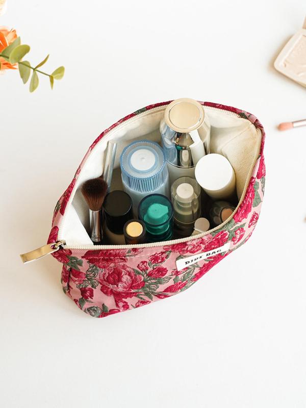 Floral Pattern Makeup Bag, Large Capacity Cosmetic Storage Bag, Zipper Makeup Organizer Pouch, Versatile Storage Bag for Travel, Gym, Office, Home