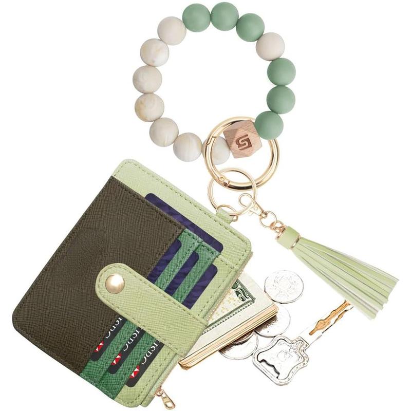 Wristlet Bracelet Keychain Credit Card Holder Purse,RFID Blocking Zip Wallet,Silicone Bead Tassel Key Ring for Women