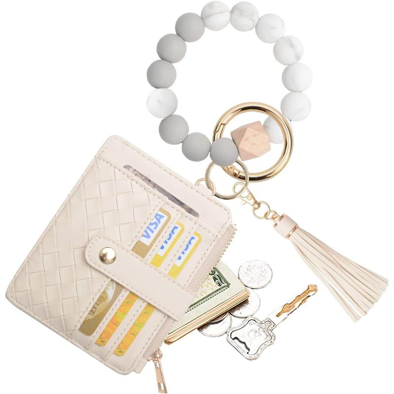 Wristlet Bracelet Keychain Credit Card Holder Purse,RFID Blocking Zip Wallet,Silicone Bead Tassel Key Ring for Women