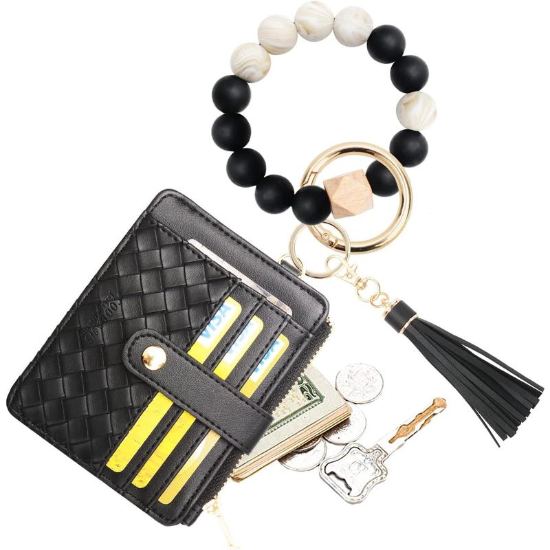 Wristlet Bracelet Keychain Credit Card Holder Purse,RFID Blocking Zip Wallet,Silicone Bead Tassel Key Ring for Women