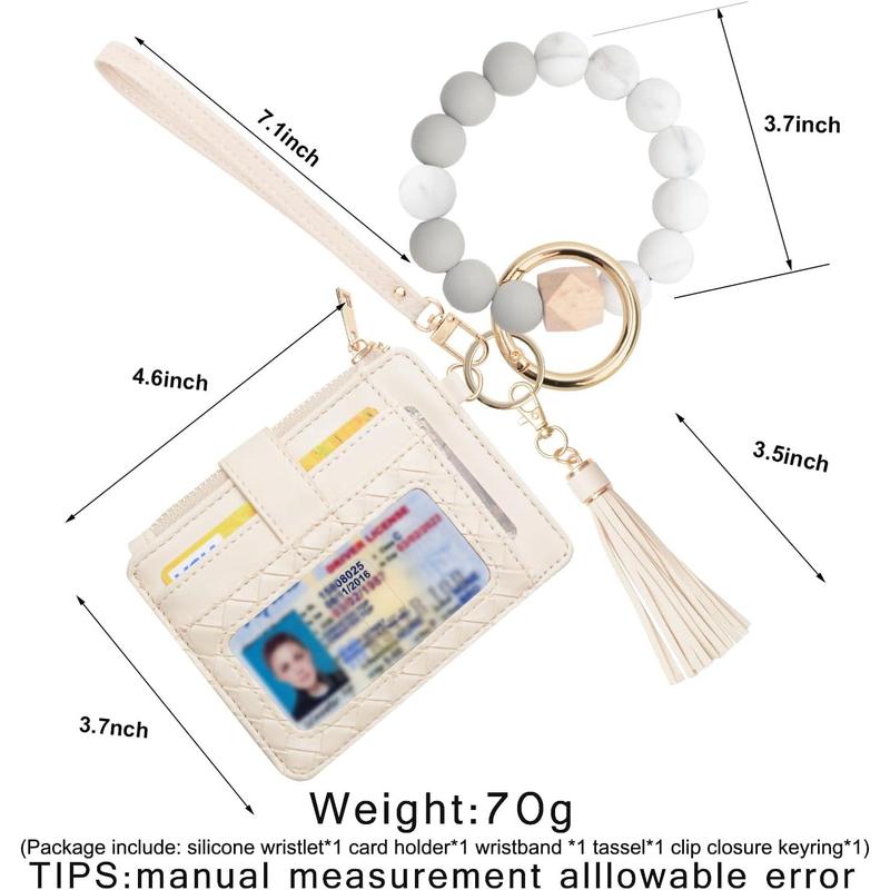 Wristlet Bracelet Keychain Credit Card Holder Purse,RFID Blocking Zip Wallet,Silicone Bead Tassel Key Ring for Women