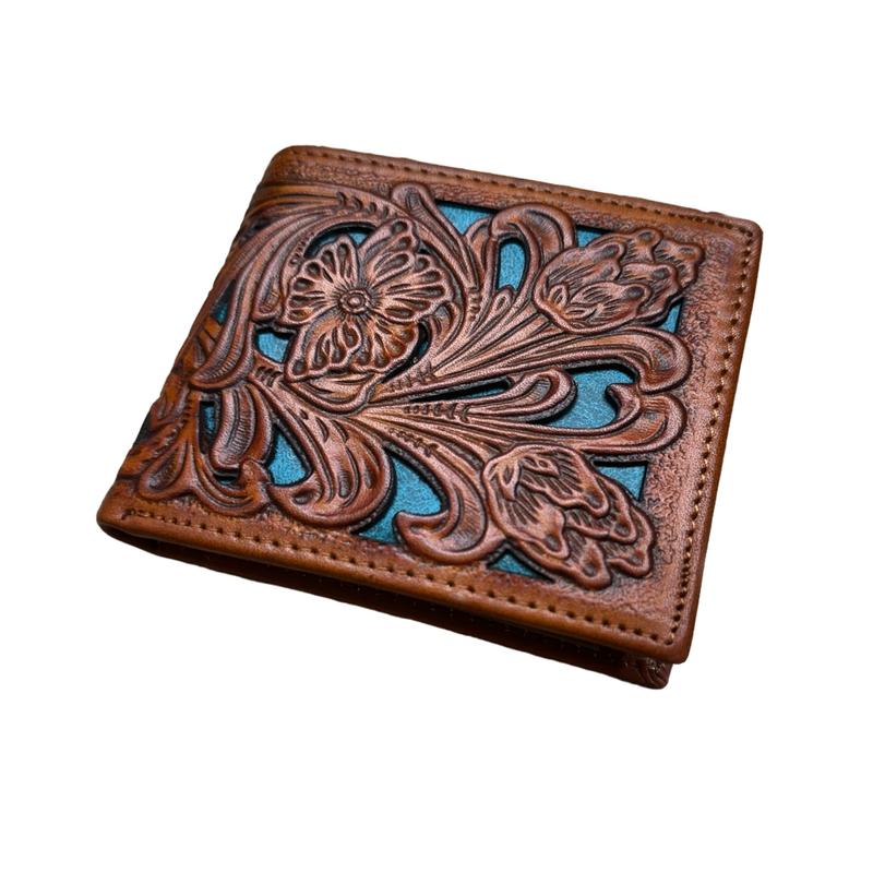 Mens Western Wallet Floral Cutout Layered Leather Brown Teal Soft Leather Checkbook Style Cowboy Hand Crafted High End Mens Wallets Leather Bull Rider Rodeo Gifts