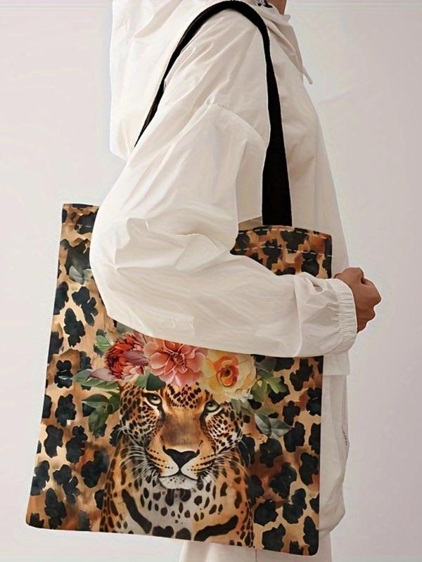 Cat & Floral Pattern Tote Bag, Fashionable Casual Shoulder Bag for Women, Casual Trendy Versatile High-quality Daily Commuting Bag, Girl Fashionable Shopping Bag