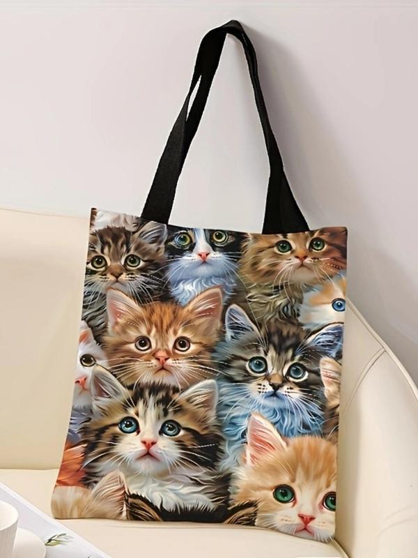 Cat & Floral Pattern Tote Bag, Fashionable Casual Shoulder Bag for Women, Casual Trendy Versatile High-quality Daily Commuting Bag, Girl Fashionable Shopping Bag