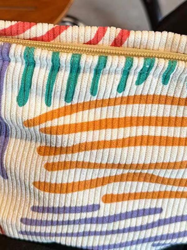 Colorful Striped Pattern Patched Design Toiletry Bag, Large Capacity  Corduroy Makeup Bag, Portable Cosmetic Storage Bag, Zipper Makeup Organizer Pouch for Travel