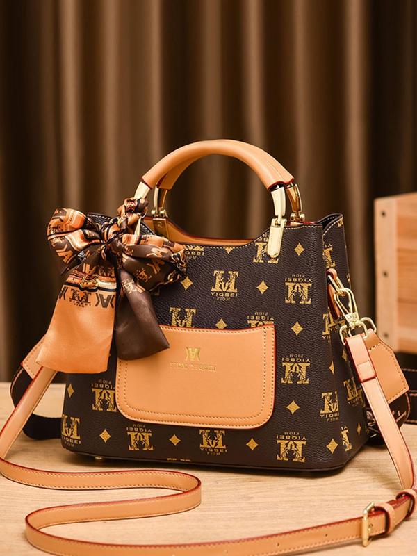 Summer New Trendy Vintage Presbyopia Geometric Pattern Bag Handbag for Women, 2024 Bowknot Satin Scarf Decorated Pu Leather Pocket Designer Crossbody Beach Bag Fall, Luxury Designer bag