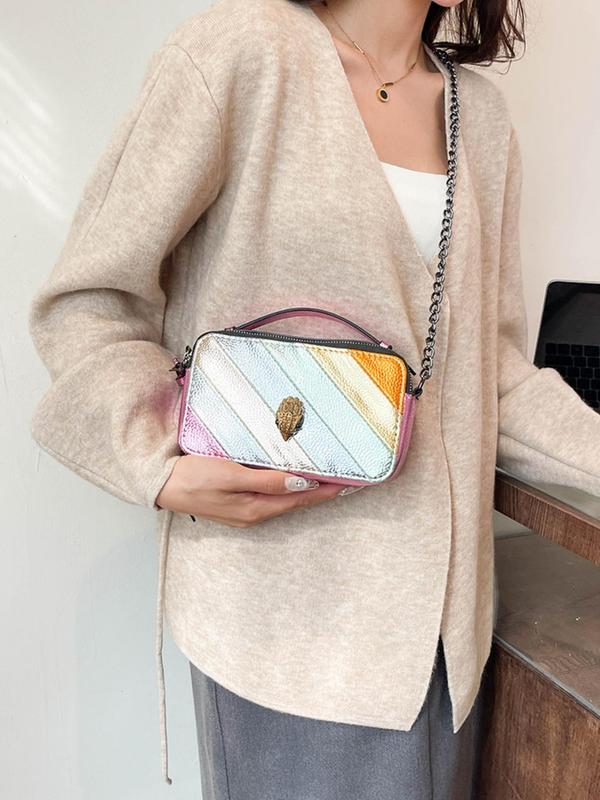 Fashion Colorful Striped Decorated Zipper Crossbody Bag, Casual PU Leather Shoulder Bag for Women, Trendy All-match Commuter Bag for Daily Used
