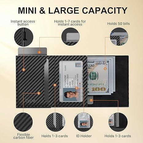 Smart Wallet Card Holder: Leather,Slim, Carbon Fiber, Minimalist - 9-14 Card Capacity | ID Window | Cash Slot For Mens Women(Black)