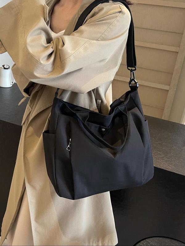 Women's Solid Color Tote Bag, Fashionable Large Capacity Zipper Shoulder Bag for Daily Used, Casual Trendy Versatile High-quality Daily Commuting Bag