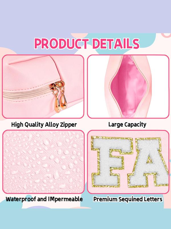 Letter Pattern Solid Color Zipper Makeup Bag, Portable Zipper Makeup Storage Bag, Waterproof Travel Cosmetic Storage Bag for Women & Girls