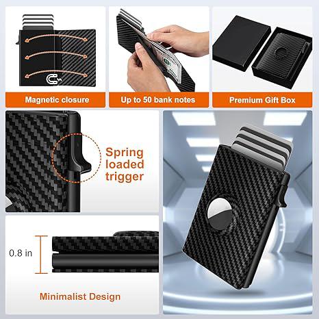 Smart Wallet Card Holder: Leather,Slim, Carbon Fiber, Minimalist - 9-14 Card Capacity | ID Window | Cash Slot For Mens Women(Black)