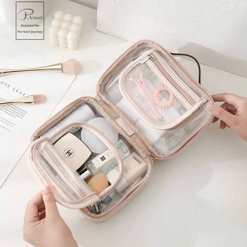 Women Travel PU Cosmetic Storage Bag Travel Organizer Makeup Bag Waterproof Transparent Washbag Large Capacity Toiletry Cases