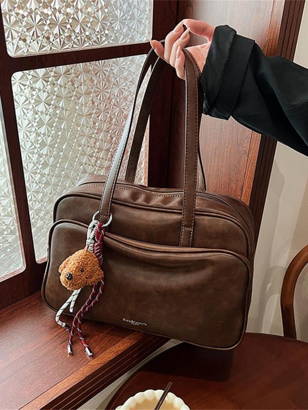 Women's Solid Color Tote Bag, with Cartoon Puppy Bag Charm, Fashionable Large Capacity Shoulder Bag for Daily Used, Casual Trendy Versatile High-quality Daily Commuting Bag