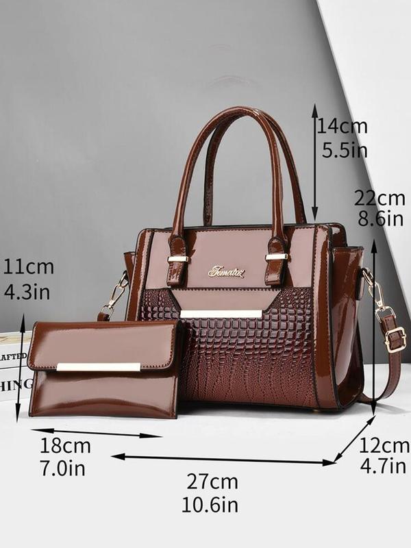 Crocodile Embossed Bag Set As Gift, High Capacity Pu Tote Bag with Letter Design & Simple Style Clutch Wallet Bag, Elegant Trendy Bag Set for Work & Daily