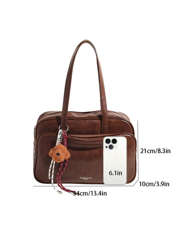 Women's Solid Color Tote Bag, with Cartoon Puppy Bag Charm, Fashionable Large Capacity Shoulder Bag for Daily Used, Casual Trendy Versatile High-quality Daily Commuting Bag